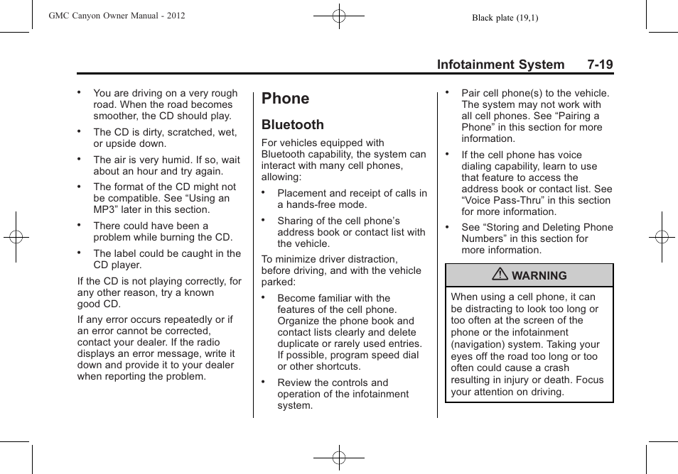 Phone, Bluetooth, Phone -19 | Bulb replacement -35, Bluetooth -19, To minimize taking your eyes off, Infotainment system 7-19 | GMC 2012 Canyon User Manual | Page 161 / 386