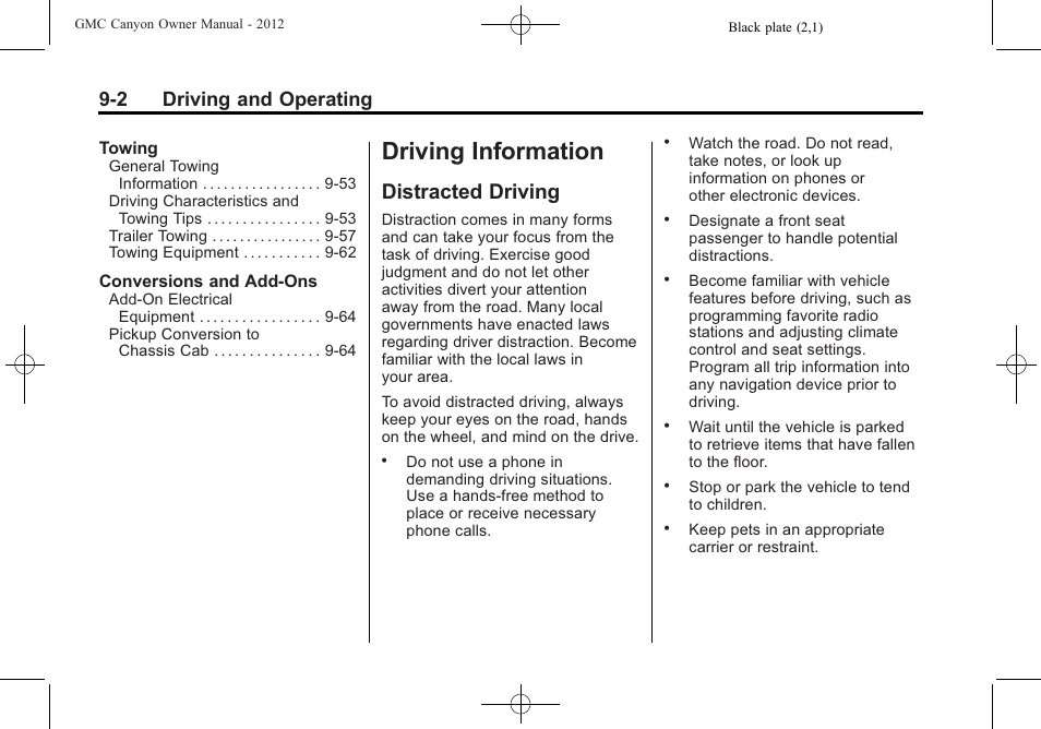 Driving information, Distracted driving, Information -2 | Distracted driving -2, 2 driving and operating | GMC 2012 Canyon User Manual | Page 174 / 386