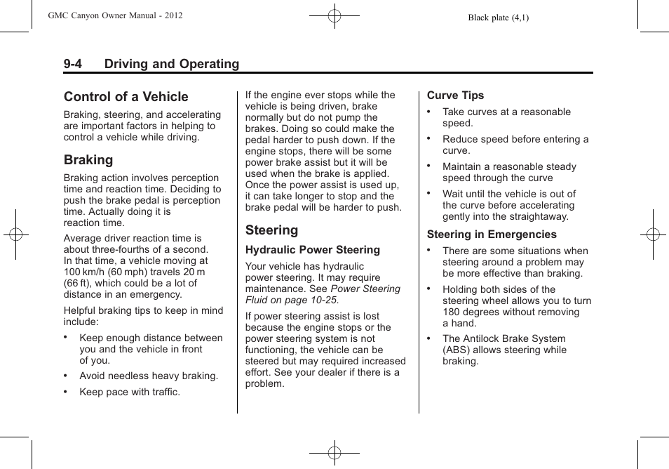 Control of a vehicle, Braking, Steering | Control of a vehicle -4 braking -4 steering -4, Parking, 4 driving and operating | GMC 2012 Canyon User Manual | Page 176 / 386