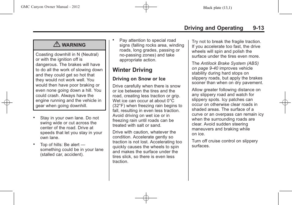 Winter driving, Winter driving -13, Driving and operating 9-13 | GMC 2012 Canyon User Manual | Page 185 / 386