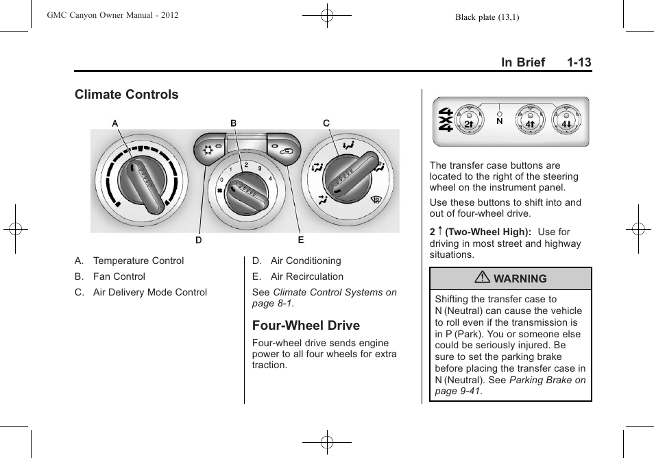 Climate controls, Four-wheel drive, Climate controls -13 four-wheel drive -13 | GMC 2012 Canyon User Manual | Page 19 / 386