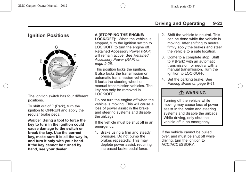 Ignition positions, Ignition positions -23 | GMC 2012 Canyon User Manual | Page 195 / 386