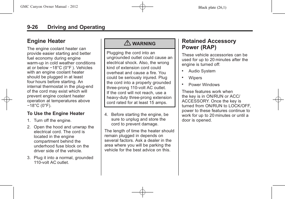 Engine heater, Retained accessory power (rap), Engine heater -26 retained accessory | Power (rap) -26, 26 driving and operating | GMC 2012 Canyon User Manual | Page 198 / 386
