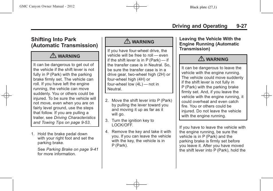 Shifting into park (automatic transmission), Shifting into park (automatic, Transmission) -27 | GMC 2012 Canyon User Manual | Page 199 / 386