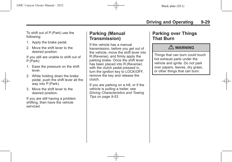 Parking (manual transmission), Parking over things that burn, Manual | Transmission) -29, Parking over things | GMC 2012 Canyon User Manual | Page 201 / 386