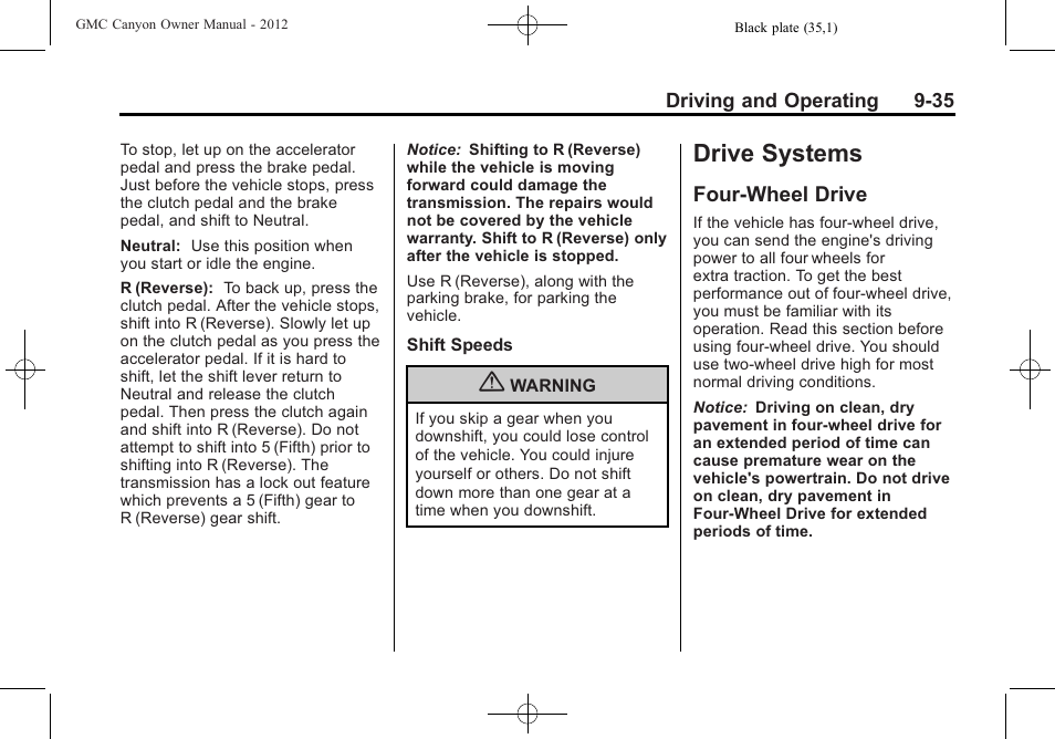 Drive systems, Four-wheel drive, Drive systems -35 | Four-wheel drive -35 | GMC 2012 Canyon User Manual | Page 207 / 386