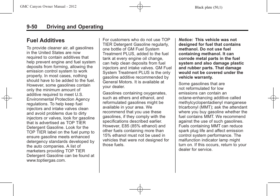 Fuel additives, Fuel additives -50 | GMC 2012 Canyon User Manual | Page 222 / 386