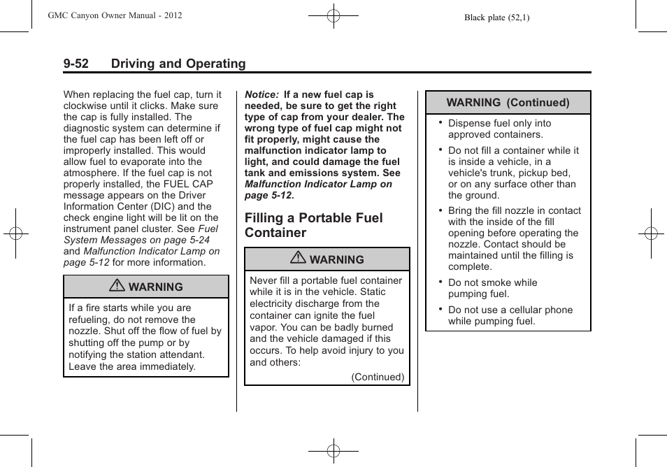 Filling a portable fuel container, Filling a portable fuel, Container -52 | 52 driving and operating | GMC 2012 Canyon User Manual | Page 224 / 386