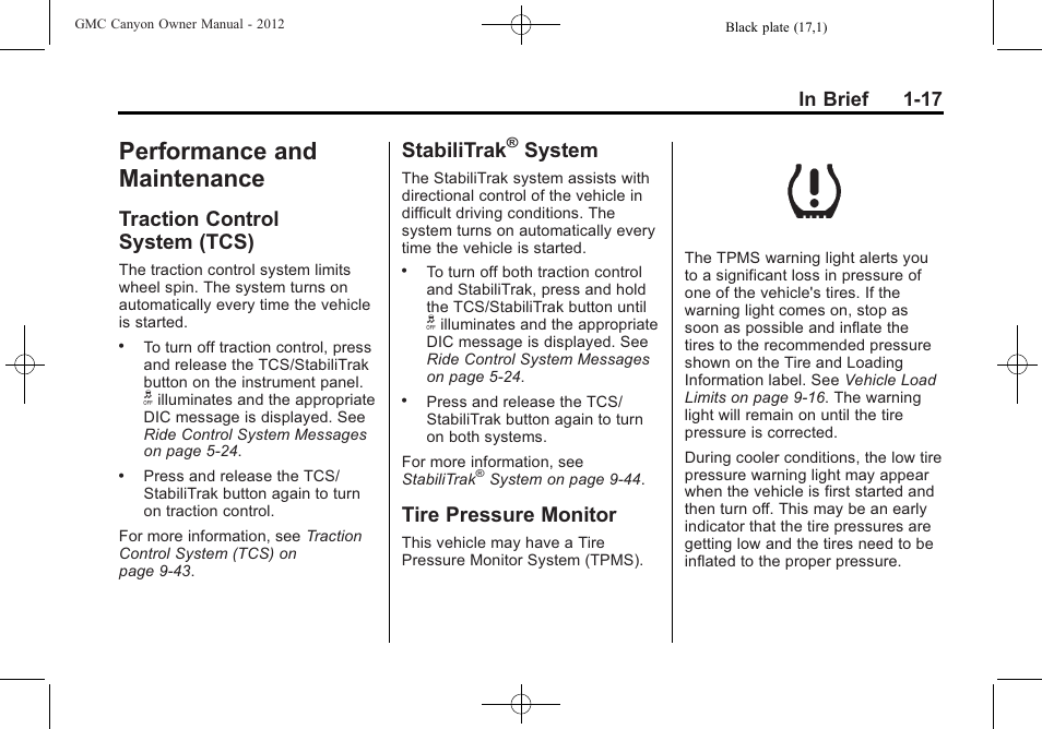 Performance and maintenance, Traction control system (tcs), Stabilitrak® system | Tire pressure monitor, Performance and, Maintenance -17, Warning lights, gauges, Traction control, System (tcs) -17, Stabilitrak | GMC 2012 Canyon User Manual | Page 23 / 386