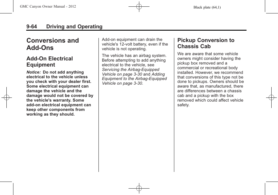 Conversions and add-ons, Add-on electrical equipment, Pickup conversion to chassis cab | And add-ons -64, Add-on electrical, Equipment -64, Pickup conversion to, Chassis cab -64 | GMC 2012 Canyon User Manual | Page 236 / 386