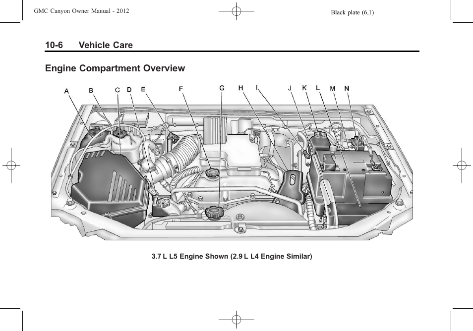 Engine compartment overview, Engine compartment, Overview -6 | GMC 2012 Canyon User Manual | Page 242 / 386