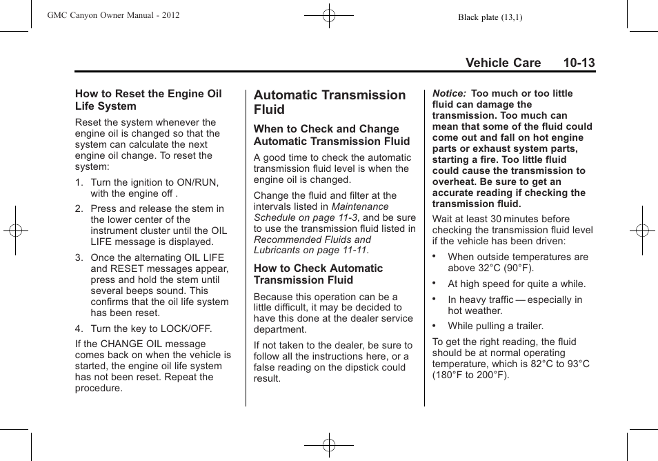 Automatic transmission fluid, Automatic transmission, Fluid -13 | Mechanism, Vehicle care 10-13 | GMC 2012 Canyon User Manual | Page 249 / 386