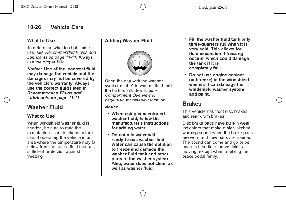 Washer fluid, Brakes, Washer fluid -26 brakes -26 | Stoplamps, 26 vehicle care | GMC 2012 Canyon User Manual | Page 262 / 386