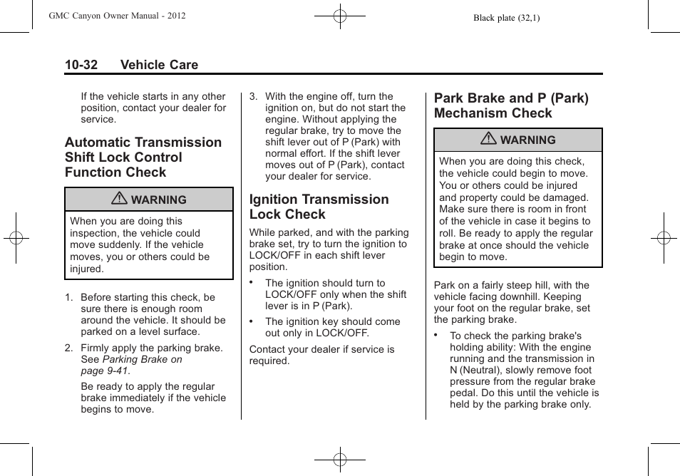 Ignition transmission lock check, Park brake and p (park) mechanism check, Automatic transmission shift | Lock control function check -32, Transmission lock, Check -32, Park brake and p (park) | GMC 2012 Canyon User Manual | Page 268 / 386