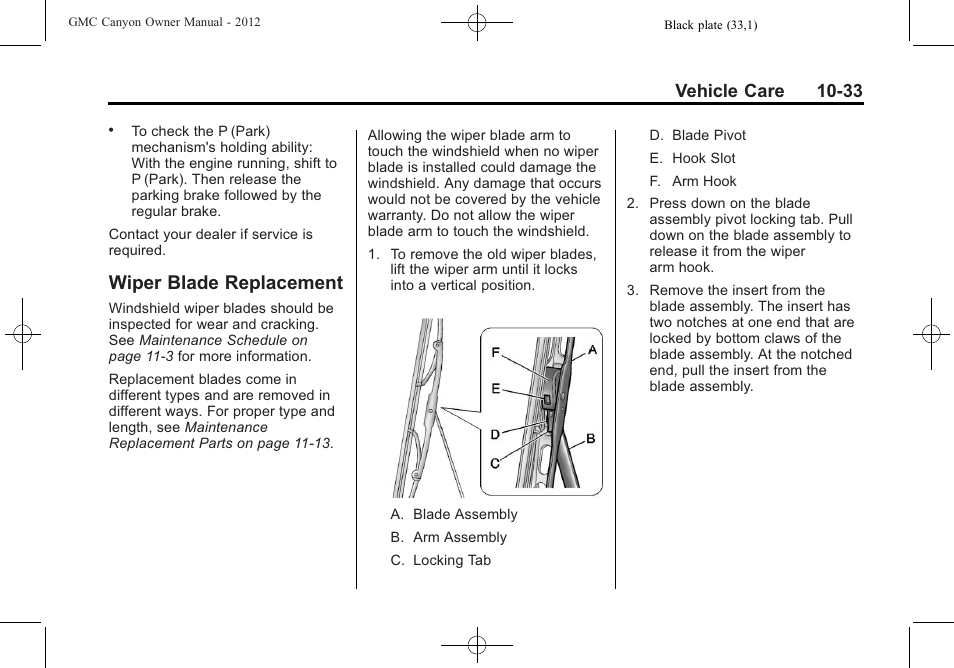 Wiper blade replacement, Wiper blade, Vehicle care 10-33 | GMC 2012 Canyon User Manual | Page 269 / 386