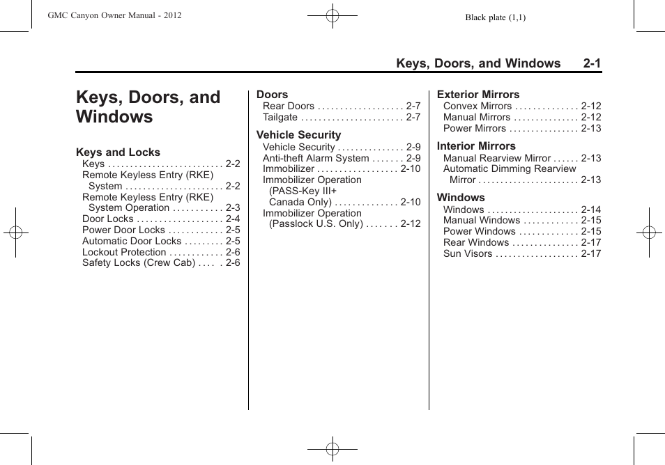 Keys, doors, and windows, Keys, doors, and, Windows -1 | GMC 2012 Canyon User Manual | Page 27 / 386