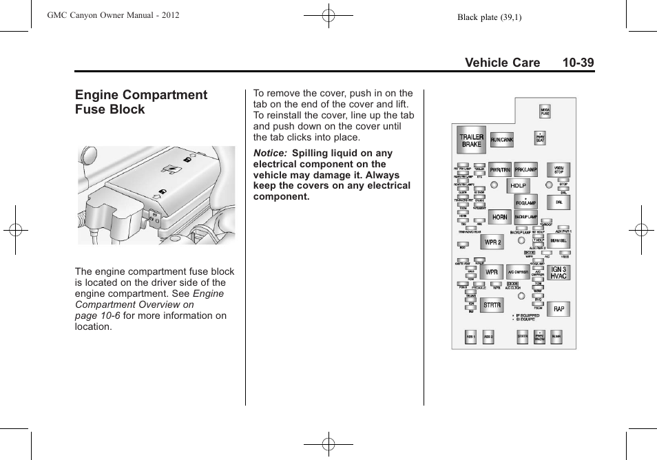 Engine compartment fuse block, Engine compartment fuse, Block -39 | GMC 2012 Canyon User Manual | Page 275 / 386