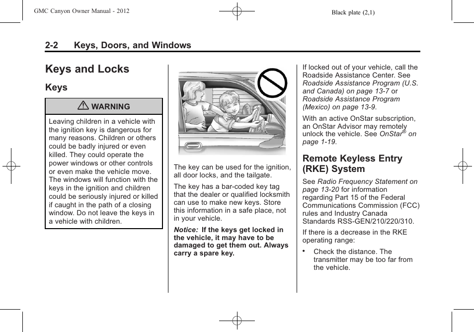 Keys and locks, Keys, Remote keyless entry (rke) system | Keys and locks -2, Keys -2 remote keyless entry (rke), System -2 | GMC 2012 Canyon User Manual | Page 28 / 386