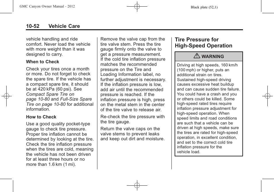 Tire pressure for high-speed operation, Tire pressure for high-speed, Operation -52 | GMC 2012 Canyon User Manual | Page 288 / 386