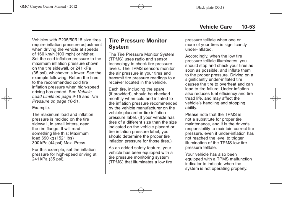 Tire pressure monitor system, Tire pressure monitor, System -53 | GMC 2012 Canyon User Manual | Page 289 / 386