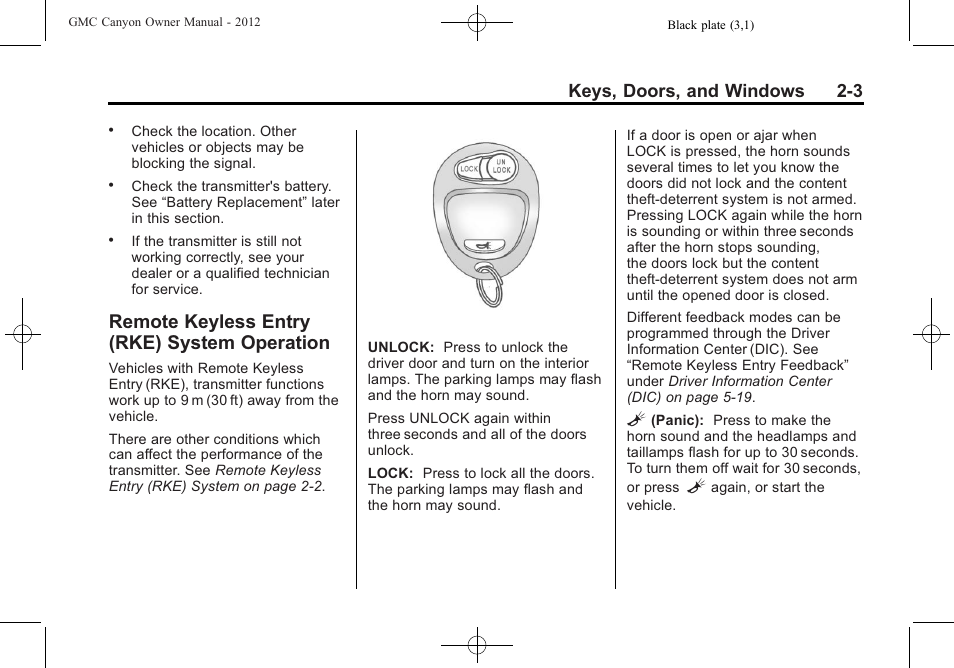 Remote keyless entry (rke) system operation, Remote keyless entry (rke), System operation -3 | Immobilizer, Keys, doors, and windows 2-3 | GMC 2012 Canyon User Manual | Page 29 / 386