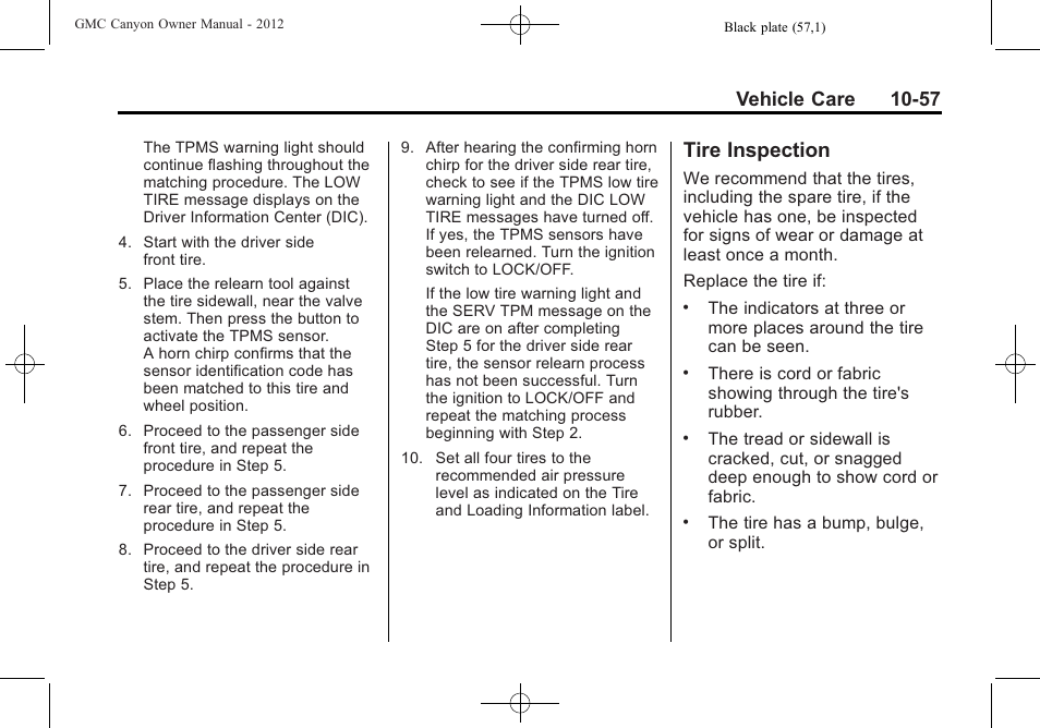 Tire inspection, Tire inspection -57, Vehicle care 10-57 | GMC 2012 Canyon User Manual | Page 293 / 386