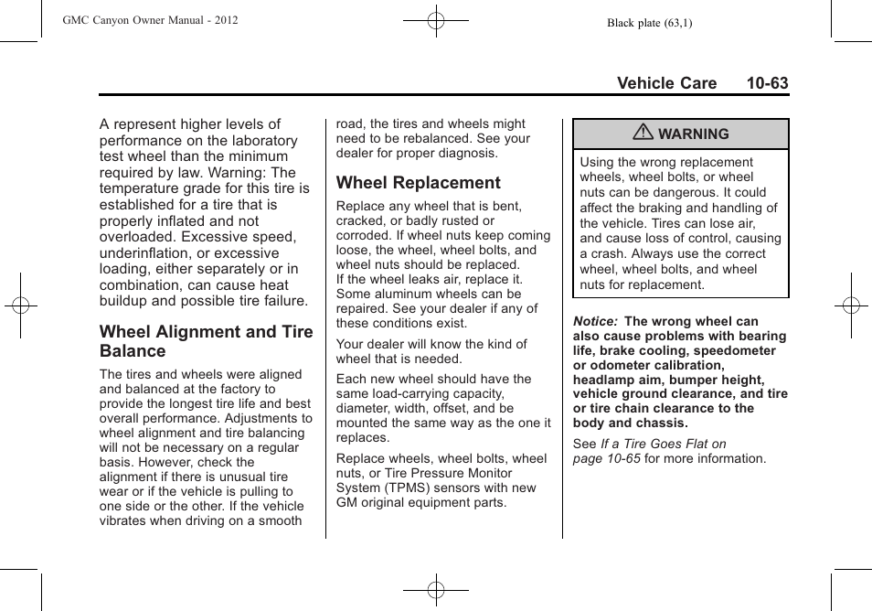 Wheel alignment and tire balance, Wheel replacement, Wheel alignment and tire | Balance -63, Wheel replacement -63 | GMC 2012 Canyon User Manual | Page 299 / 386