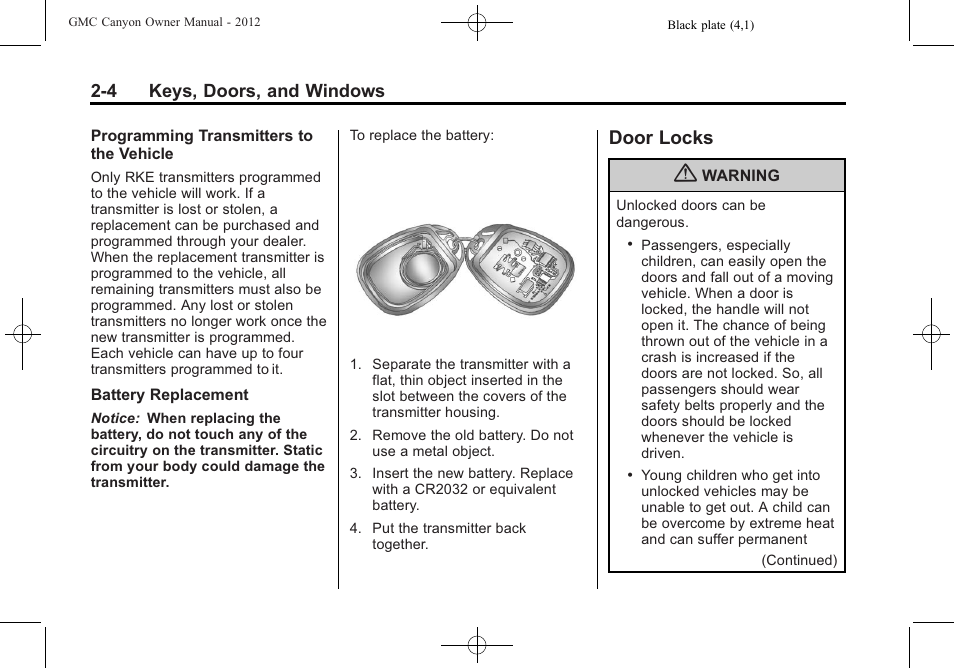 Door locks, Door locks -4, 4 keys, doors, and windows | GMC 2012 Canyon User Manual | Page 30 / 386