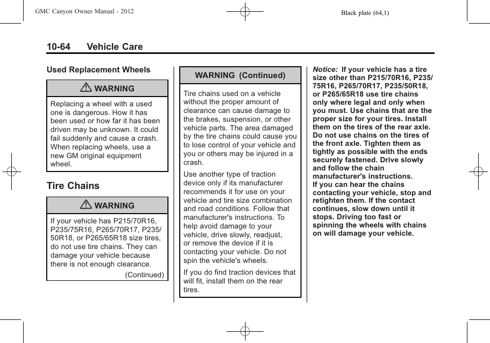 Tire chains, Tire chains -64 | GMC 2012 Canyon User Manual | Page 300 / 386
