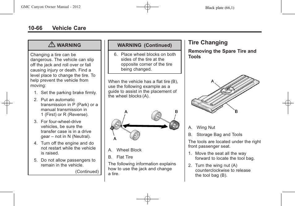 Tire changing, Tire changing -66, And supported | GMC 2012 Canyon User Manual | Page 302 / 386