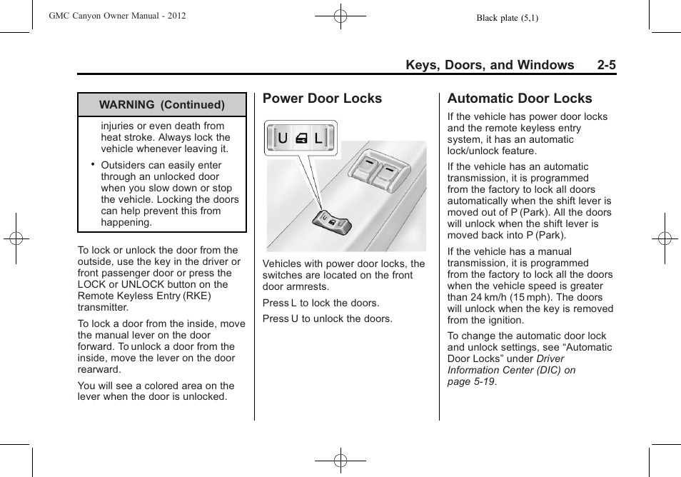 Power door locks, Automatic door locks, Power door locks -5 automatic door locks -5 | Keys, doors, and windows 2-5 | GMC 2012 Canyon User Manual | Page 31 / 386