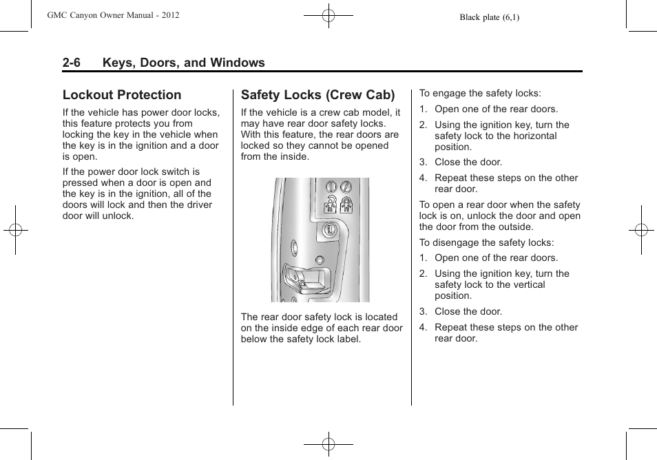 Lockout protection, Safety locks (crew cab), Lockout protection -6 safety locks (crew cab) -6 | GMC 2012 Canyon User Manual | Page 32 / 386