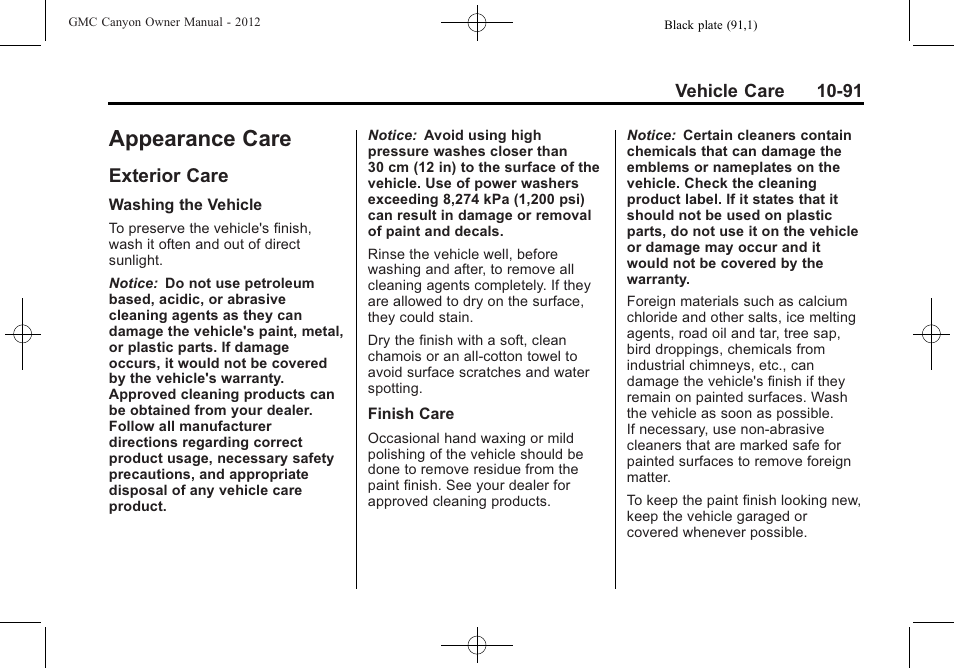 Appearance care, Exterior care, Appearance care -91 | Exterior care -91 | GMC 2012 Canyon User Manual | Page 327 / 386