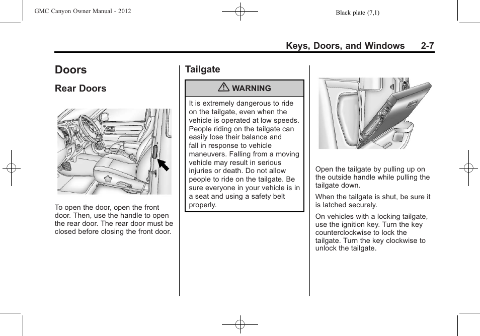 Doors, Rear doors, Tailgate | Doors -7, Lighting, Rear doors -7 tailgate -7 | GMC 2012 Canyon User Manual | Page 33 / 386