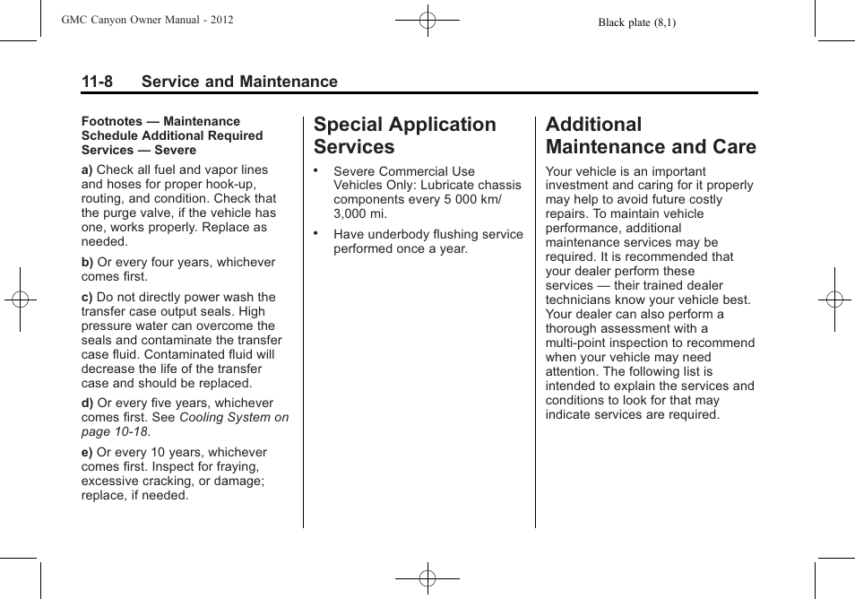 Special application services, Additional maintenance and care, Special application | Services -8, Additional maintenance, And care -8, Customer | GMC 2012 Canyon User Manual | Page 340 / 386