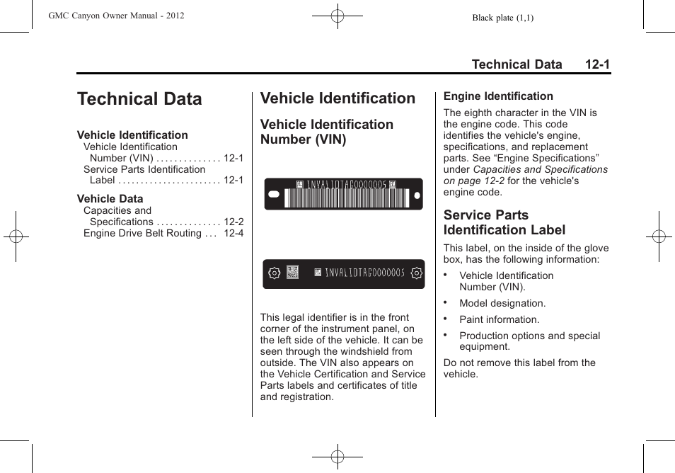 Technical data, Vehicle identification, Vehicle identification number (vin) | Service parts identification label, Technical data -1, Vehicle identification -1, Technical data 12-1 | GMC 2012 Canyon User Manual | Page 351 / 386