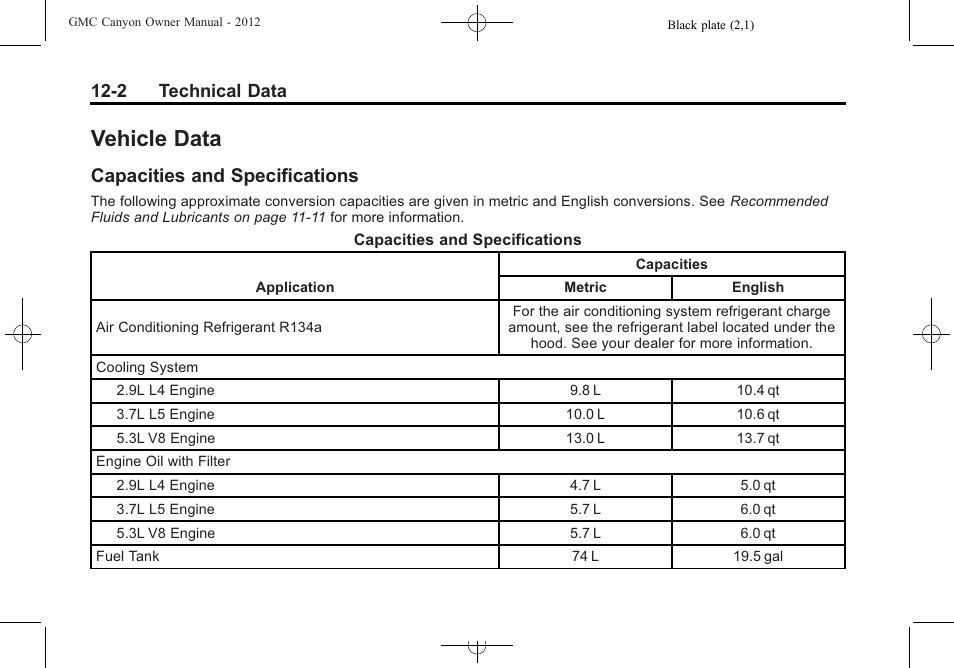 Vehicle data, Capacities and specifications, Data -2 | Capacities and, Specifications -2, 2 technical data | GMC 2012 Canyon User Manual | Page 352 / 386