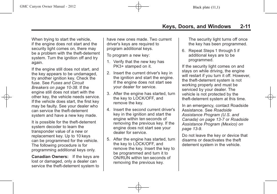 Keys, doors, and windows 2-11 | GMC 2012 Canyon User Manual | Page 37 / 386