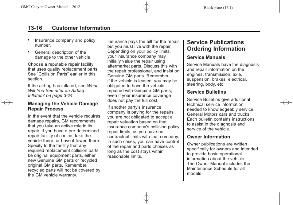 Service publications ordering information, Service publications, Ordering information -16 | 16 customer information | GMC 2012 Canyon User Manual | Page 370 / 386