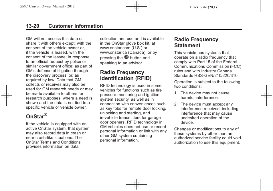 Onstar, Radio frequency identification (rfid), Radio frequency statement | Identification (rfid) -20, Radio frequency, Statement -20 | GMC 2012 Canyon User Manual | Page 374 / 386