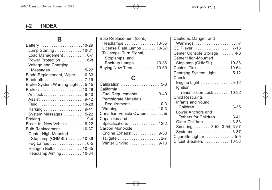 Index_b, Index_c, I-2 index | GMC 2012 Canyon User Manual | Page 376 / 386