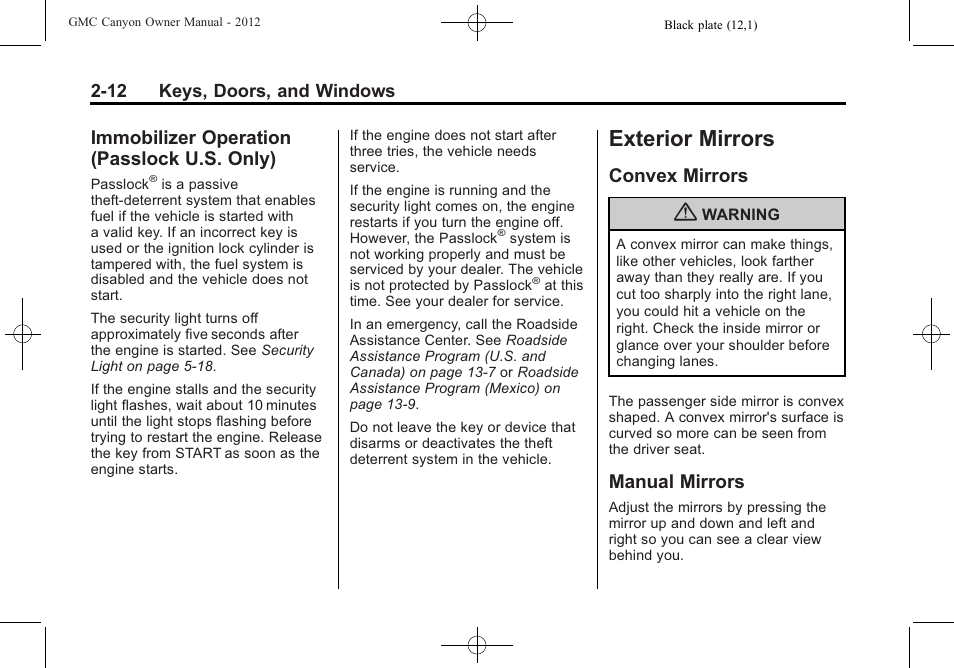 Immobilizer operation (passlock u.s. only), Exterior mirrors, Convex mirrors | Manual mirrors, Exterior mirrors -12, Operation, Passlock u.s. only) -12, Convex mirrors -12 manual mirrors -12 | GMC 2012 Canyon User Manual | Page 38 / 386