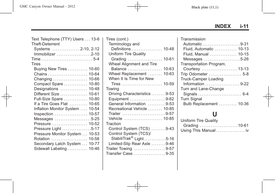 Index_u, Index i-11 | GMC 2012 Canyon User Manual | Page 385 / 386