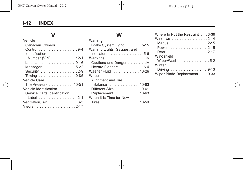 Index_v, Index_w | GMC 2012 Canyon User Manual | Page 386 / 386