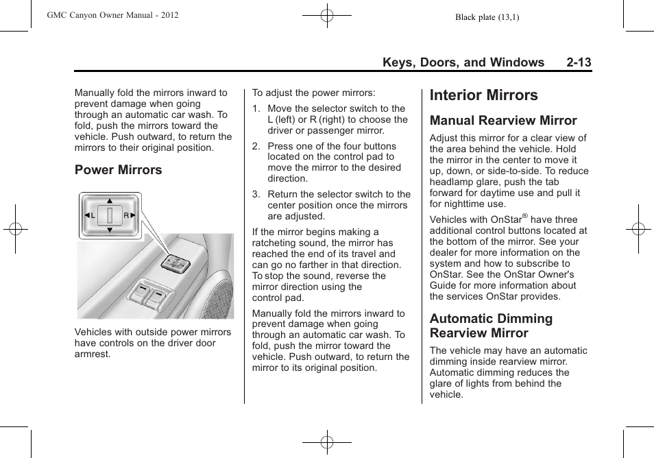 Power mirrors, Interior mirrors, Manual rearview mirror | Automatic dimming rearview mirror, Interior mirrors -13, Power mirrors -13, Mirror -13 | GMC 2012 Canyon User Manual | Page 39 / 386