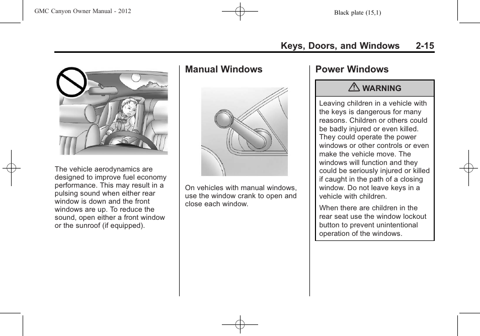 Manual windows, Power windows, Manual windows -15 power windows -15 | GMC 2012 Canyon User Manual | Page 41 / 386