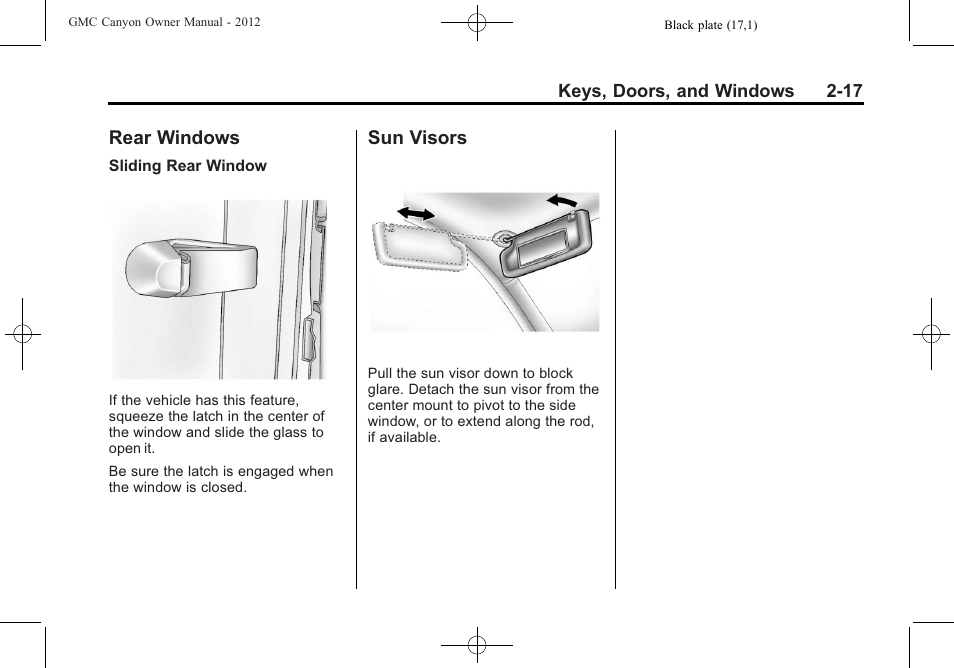 Rear windows, Sun visors, Rear windows -17 sun visors -17 | GMC 2012 Canyon User Manual | Page 43 / 386