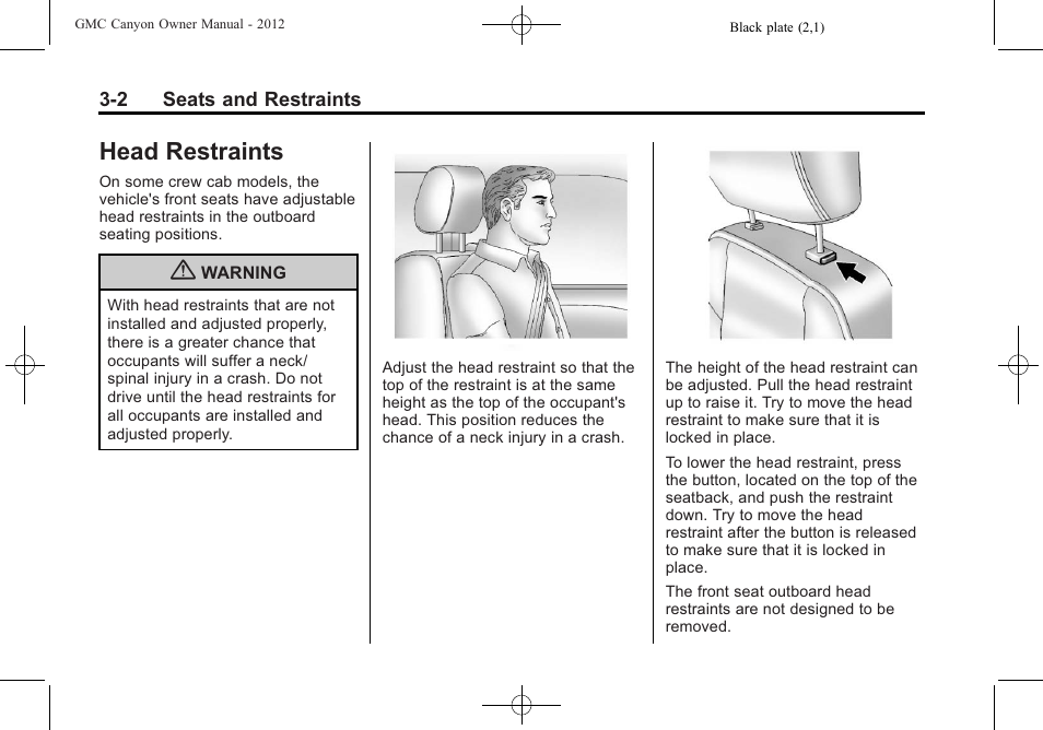 Head restraints, Head restraints -2 | GMC 2012 Canyon User Manual | Page 46 / 386