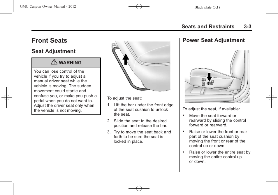 Front seats, Seat adjustment, Power seat adjustment | Front seats -3, Seat adjustment -3 power seat adjustment -3 | GMC 2012 Canyon User Manual | Page 47 / 386