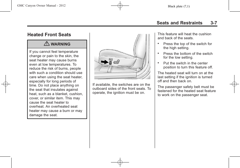 Heated front seats, Heated front seats -7, Seats and restraints 3-7 | GMC 2012 Canyon User Manual | Page 51 / 386